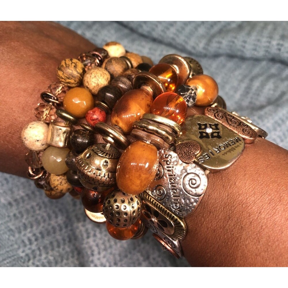 6 Pc Bracelet Stack Bohemian Statement Bracelet Earthy Cooper Tone Charms